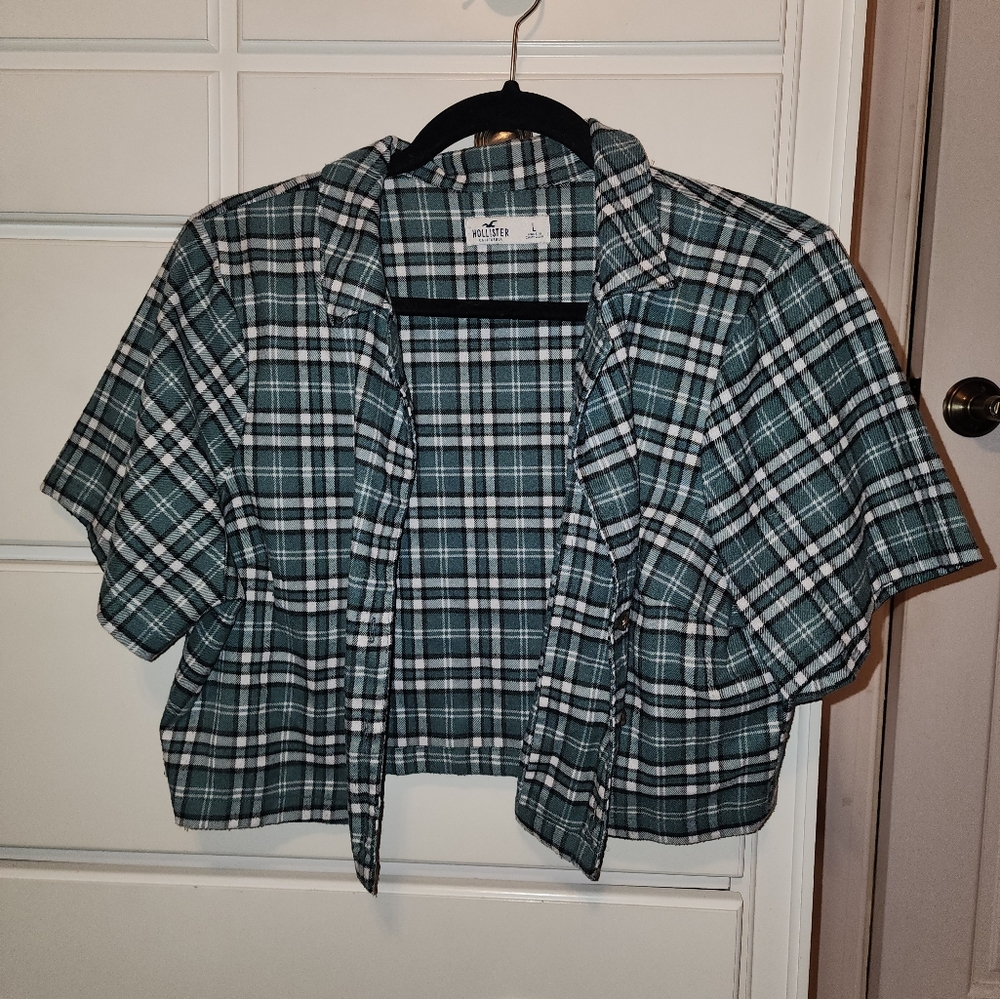 Hollister Womens Short Sleeve Cropped Collared Top in Green